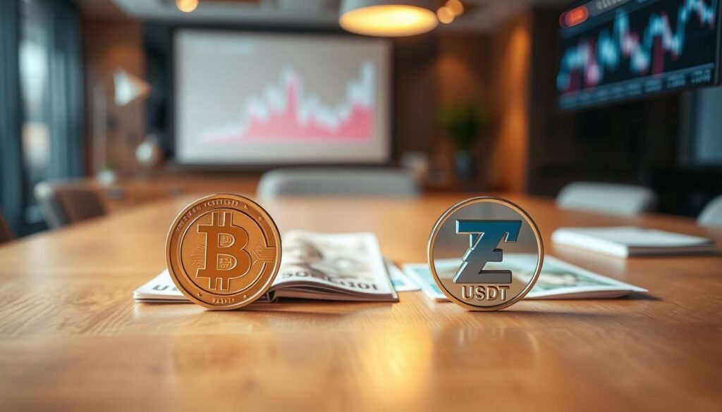 A visually striking image capturing the essence of stablecoins as a financial lifeline in Poland. In the foreground, depict a polished wooden desk with two distinct stablecoin logos: USDC and USDT, elegantly placed side by side, drawing attention. The middle ground features crisp banknotes of the Polish zloty subtly fading into the background, symbolizing inflation concerns. A modern financial office setting can be seen in the background, with abstract financial graphs projected on a sleek screen, illuminating the space. Soft, warm lighting creates an inviting atmosphere, highlighting the professionalism of the environment. Use a shallow depth of field to blur the background slightly, emphasizing the stablecoin logos. The overall mood should convey stability, trust, and an optimistic outlook on digital finance in Poland. A visually striking image capturing the essence of stablecoins as a financial lifeline in Poland. In the foreground, depict a polished wooden desk with two distinct stablecoin logos: USDC and USDT, elegantly placed side by side, drawing attention. The middle ground features crisp banknotes of the Polish zloty subtly fading into the background, symbolizing inflation concerns. A modern financial office setting can be seen in the background, with abstract financial graphs projected on a sleek screen, illuminating the space. Soft, warm lighting creates an inviting atmosphere, highlighting the professionalism of the environment. Use a shallow depth of field to blur the background slightly, emphasizing the stablecoin logos. The overall mood should convey stability, trust, and an optimistic outlook on digital finance in Poland.