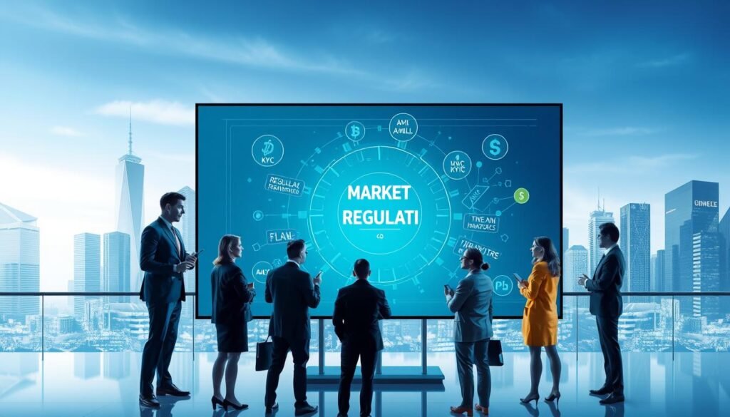 A visually striking image depicting the concept of market regulation in the financial sector. In the foreground, a diverse group of professionals in business attire, including male and female figures, engage in a dynamic discussion around a large digital screen displaying regulatory frameworks like MiCA, AML, and KYC. The middle ground features abstract representations of digital currencies and blockchain technology, symbolizing the rise of digital financial solutions. In the background, a modern city skyline with sleek, glass buildings reflects the digital age. Soft blue and green lighting casts a professional atmosphere, emphasizing innovation and regulation. The image should evoke a sense of collaboration and forward-thinking in a rapidly changing market landscape.