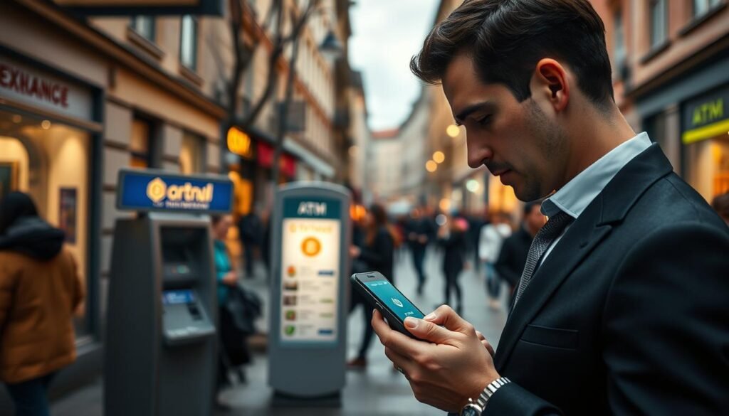 A visually striking representation of cryptocurrency transaction privacy in Poland, featuring a detailed street scene. In the foreground, a well-dressed individual examines a smartphone displaying cryptocurrency transactions in a busy urban environment, symbolizing discretion and technology. The middle layer includes a subtle, modern cryptocurrency ATM blending into the surroundings, while in the background, a traditional exchange office can be faintly seen, contrasting with the modernity of the ATM. Soft, warm lighting enhances the atmosphere, creating an ambiance of security and modernity. The focus is on the themes of privacy and technology in financial exchanges, evoking a sense of trust and convenience in digital transactions. The image should be framed from a slightly elevated angle to capture the interaction and urban context of cryptocurrency usage. A visually striking representation of cryptocurrency transaction privacy in Poland, featuring a detailed street scene. In the foreground, a well-dressed individual examines a smartphone displaying cryptocurrency transactions in a busy urban environment, symbolizing discretion and technology. The middle layer includes a subtle, modern cryptocurrency ATM blending into the surroundings, while in the background, a traditional exchange office can be faintly seen, contrasting with the modernity of the ATM. Soft, warm lighting enhances the atmosphere, creating an ambiance of security and modernity. The focus is on the themes of privacy and technology in financial exchanges, evoking a sense of trust and convenience in digital transactions. The image should be framed from a slightly elevated angle to capture the interaction and urban context of cryptocurrency usage.