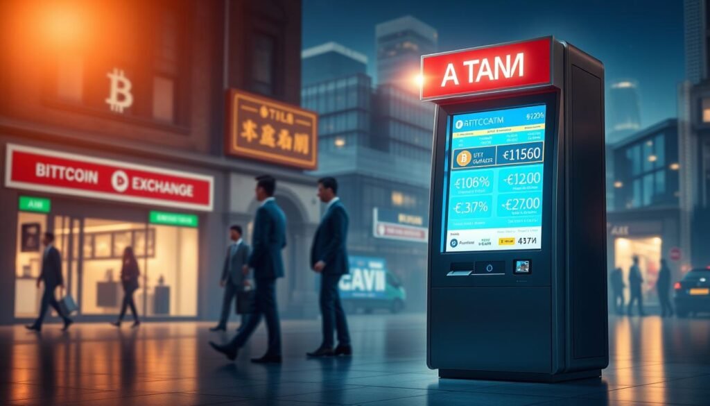 A visually striking representation of foreign exchange rates, featuring a futuristic digital display showcasing various currency symbols and their real-time exchange rates. In the foreground, a sleek, modern bitcoin ATM stands prominently, with a glowing screen that highlights cryptocurrencies and fiat comparisons. The middle ground includes blurred figures of individuals in professional attire interacting with the ATM, representing the users of both bitcoin machines and traditional exchange offices. The background features a stylized urban landscape, subtly infused with elements of traditional currency exchange offices, such as brick-and-mortar storefronts. Soft, ambient lighting enhances the digital feel, while a slight lens flare adds a touch of dynamism, creating an atmosphere of innovation and finance. The overall mood is both contemporary and professional, reflecting the ongoing evolution of currency exchange methods. A visually striking representation of foreign exchange rates, featuring a futuristic digital display showcasing various currency symbols and their real-time exchange rates. In the foreground, a sleek, modern bitcoin ATM stands prominently, with a glowing screen that highlights cryptocurrencies and fiat comparisons. The middle ground includes blurred figures of individuals in professional attire interacting with the ATM, representing the users of both bitcoin machines and traditional exchange offices. The background features a stylized urban landscape, subtly infused with elements of traditional currency exchange offices, such as brick-and-mortar storefronts. Soft, ambient lighting enhances the digital feel, while a slight lens flare adds a touch of dynamism, creating an atmosphere of innovation and finance. The overall mood is both contemporary and professional, reflecting the ongoing evolution of currency exchange methods.