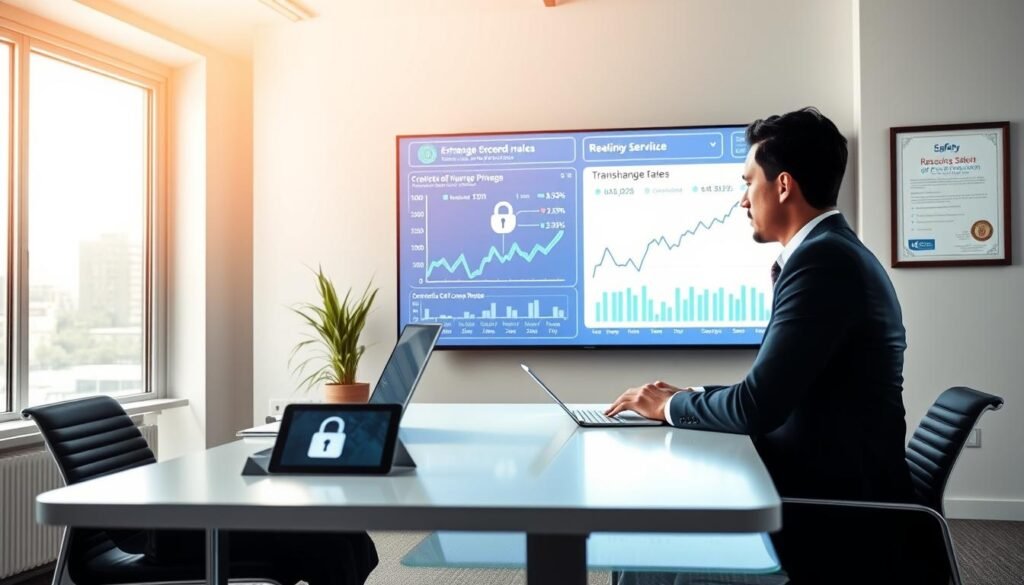 A serene, modern office setting emphasizing safety and service quality. In the foreground, a professional in business attire sits at a sleek, minimalist desk, analyzing data on a laptop with a focused expression. In the middle ground, charts and graphs display trends related to currency exchange rates on a large screen, symbolizing transparency and fairness. The background features large windows allowing soft, natural light to illuminate the room, creating an inviting atmosphere. Subtle security elements, such as a digital lock displayed on a tablet and a reassuring certificate of compliance framed on the wall, further emphasize the theme of safety in service. The overall mood is one of trust and professionalism, showcasing a commitment to honest business practices.